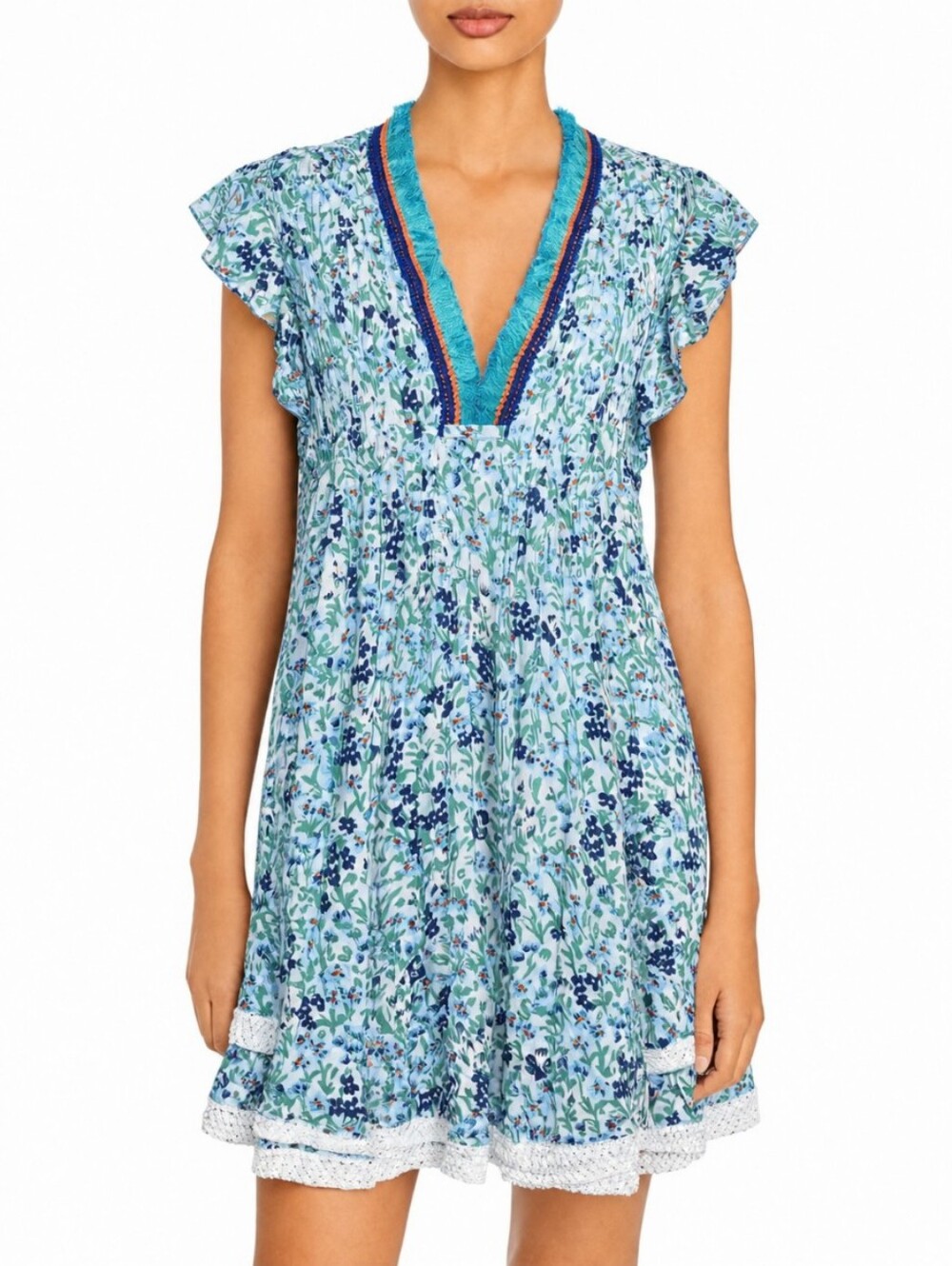 Poupette St Barth Blue Floral Print Sasha V Neck Mini Dress Size Small